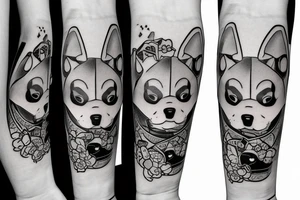 Samurai chubby Shiba Inu with katana in his paws and samurai hat , in full growth tattoo idea