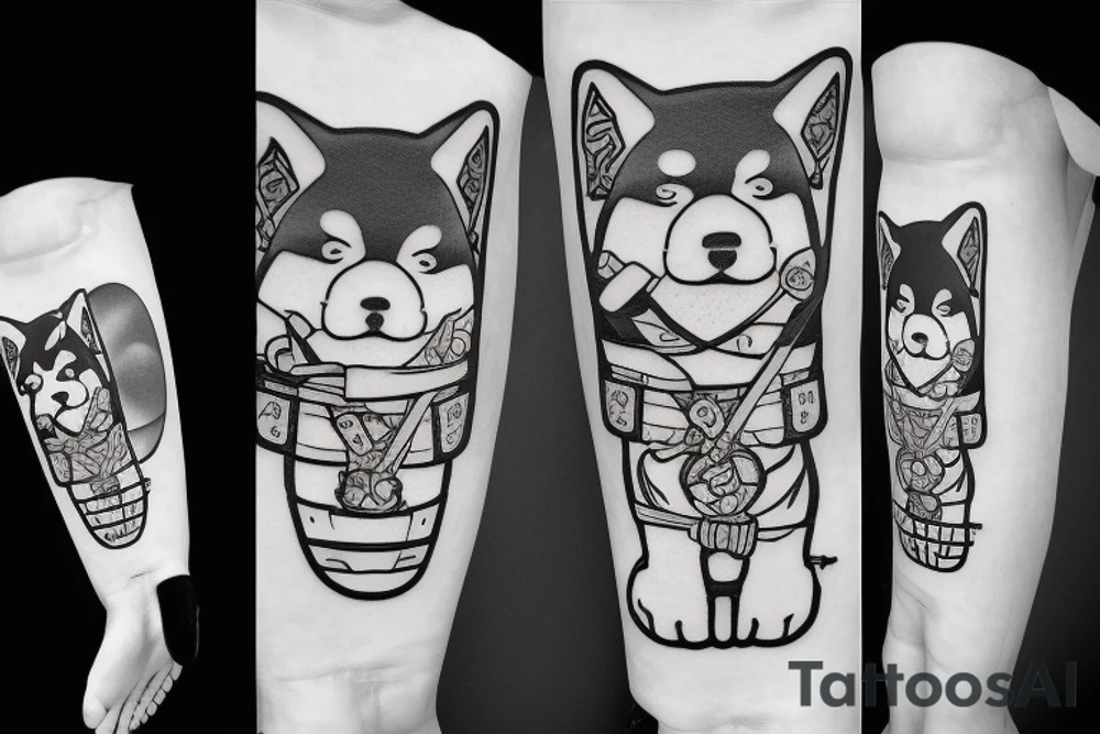 Samurai chubby Shiba Inu with katana in his paws and samurai hat , in full growth tattoo idea