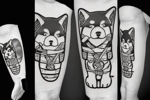Samurai chubby Shiba Inu with katana in his paws and samurai hat , in full growth tattoo idea