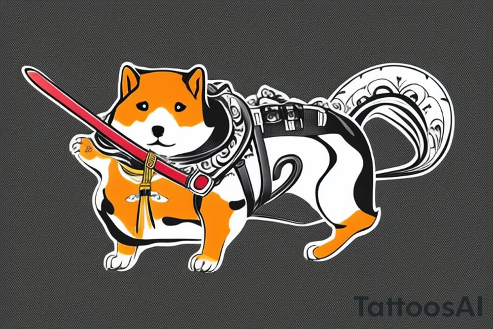 Samurai chubby Shiba Inu with katana in his paws and samurai hat , in full growth tattoo idea