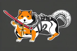 Samurai chubby Shiba Inu with katana in his paws and samurai hat , in full growth tattoo idea
