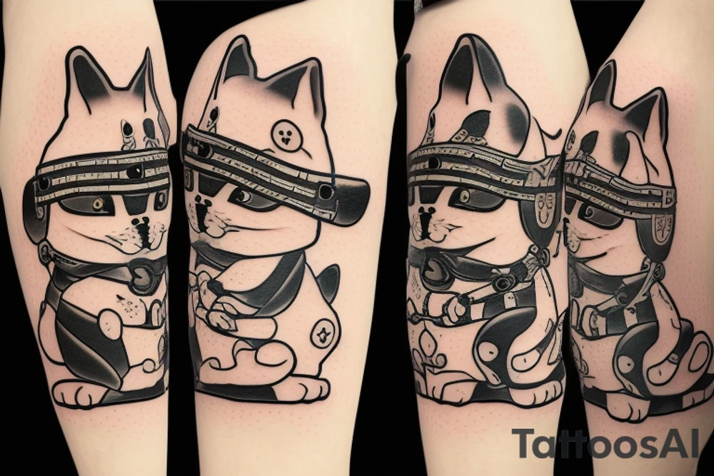 Samurai chubby Shiba Inu with katana in his paws and samurai hat , in full growth tattoo idea