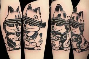 Samurai chubby Shiba Inu with katana in his paws and samurai hat , in full growth tattoo idea