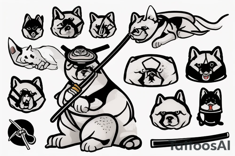 Samurai chubby Shiba Inu with katana in his paws and samurai hat , in full growth tattoo idea