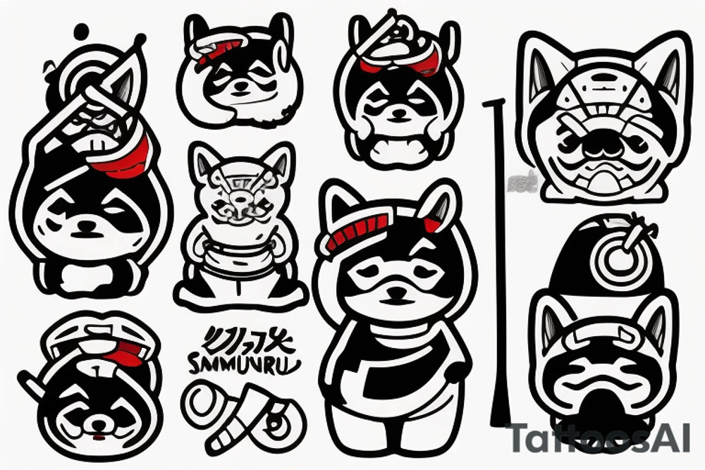 Samurai chubby Shiba Inu with katana in his paws and samurai hat , in full growth tattoo idea