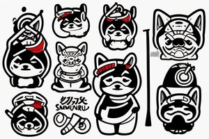 Samurai chubby Shiba Inu with katana in his paws and samurai hat , in full growth tattoo idea