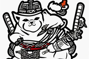 Samurai chubby Shiba Inu with katana in his paws and samurai hat , in full growth tattoo idea