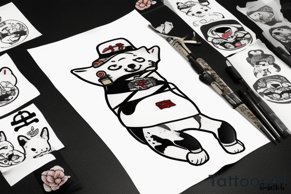 Samurai chubby Shiba Inu with katana in his paws and samurai hat , in full growth tattoo idea