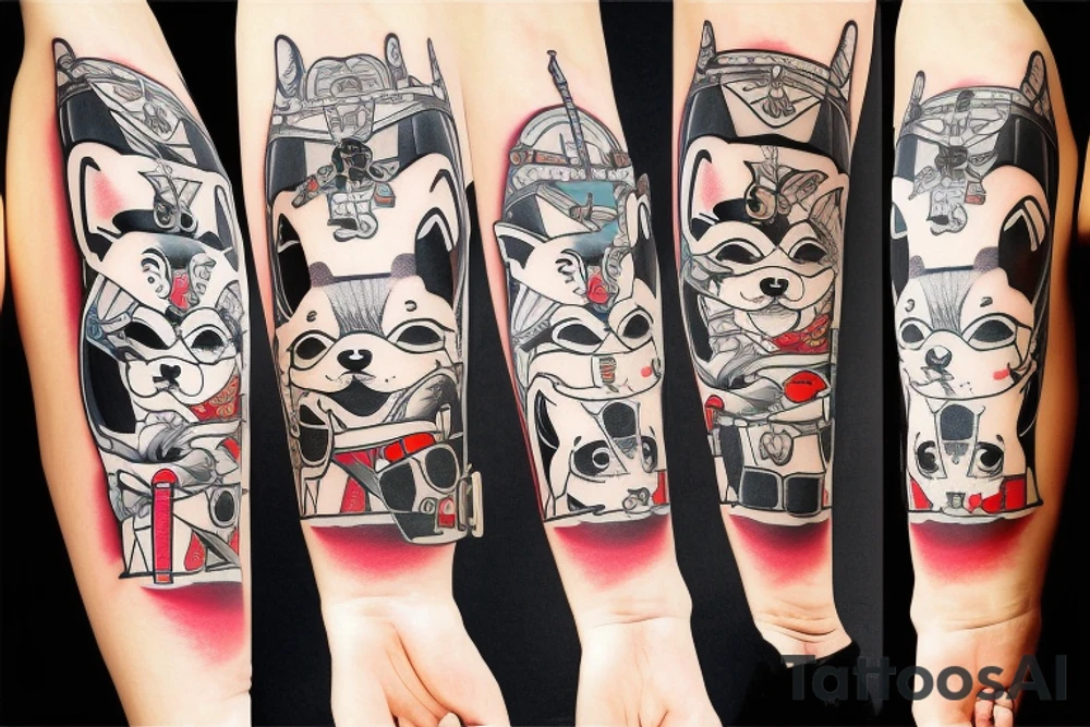 Samurai chubby Shiba Inu with katana in his paws and samurai hat , in full growth tattoo idea