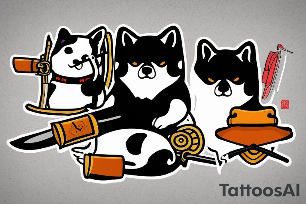 Samurai chubby Shiba Inu with katana in his paws and samurai hat , in full growth tattoo idea