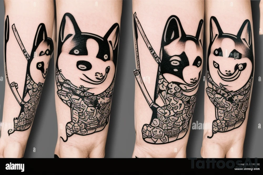 Samurai chubby Shiba Inu with katana in his paws and samurai hat , in full growth tattoo idea