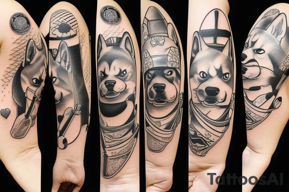 Samurai chubby Shiba Inu with katana in his paws and samurai hat , in full growth tattoo idea