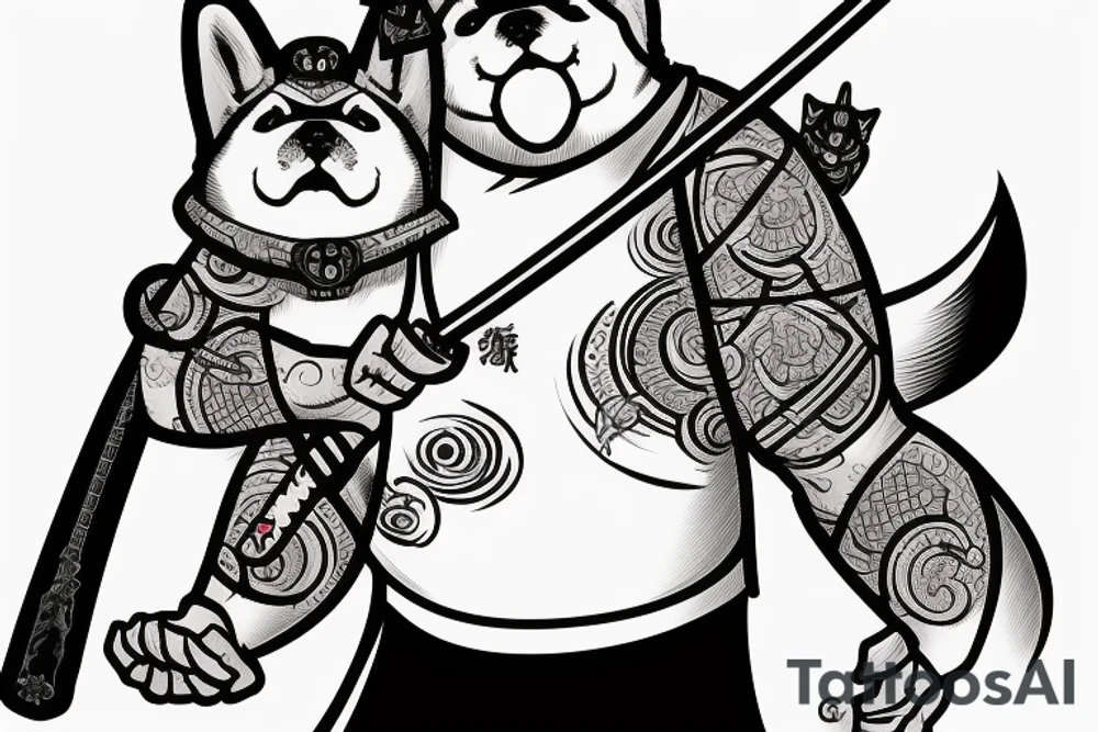 Samurai chubby Shiba Inu with katana in his paws and samurai hat , in full growth tattoo idea