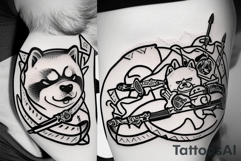 Samurai chubby Shiba Inu with katana in his paws and samurai hat , in full growth tattoo idea