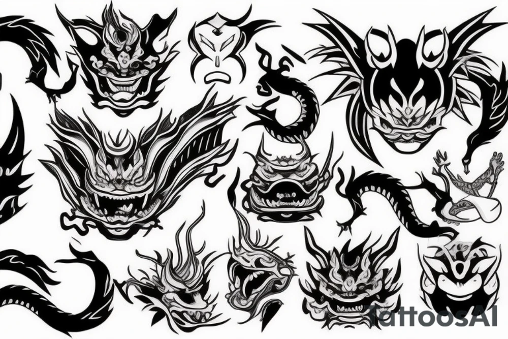 Japanese style with hanya mask, dragon, japanese tower tattoo idea