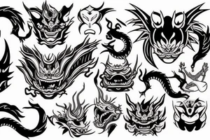 Japanese style with hanya mask, dragon, japanese tower tattoo idea