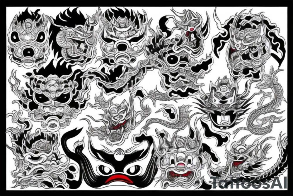 Japanese style with hanya mask, dragon, japanese tower tattoo idea