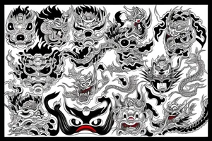Japanese style with hanya mask, dragon, japanese tower tattoo idea