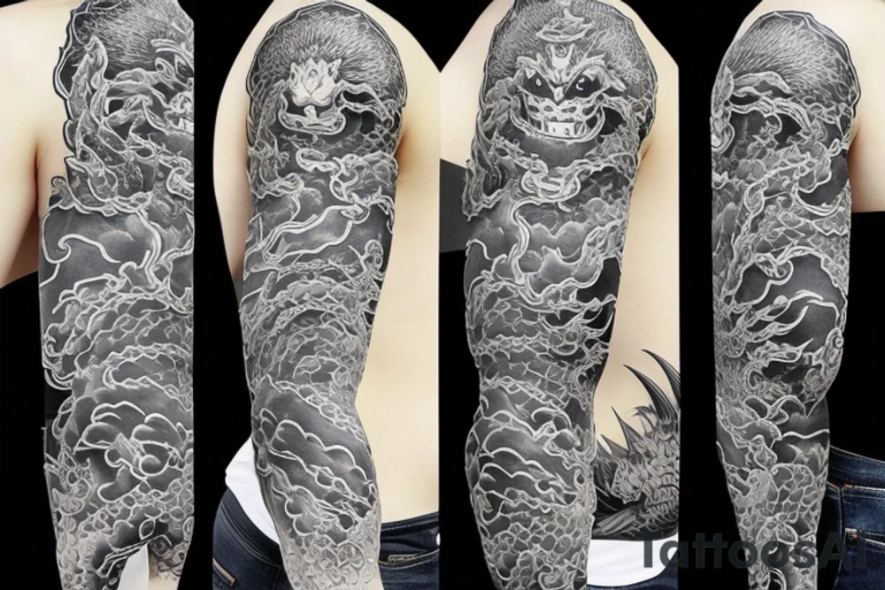 Sleeve hanya mask, dragon, japanese tower tattoo idea