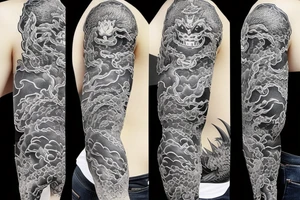 Sleeve hanya mask, dragon, japanese tower tattoo idea