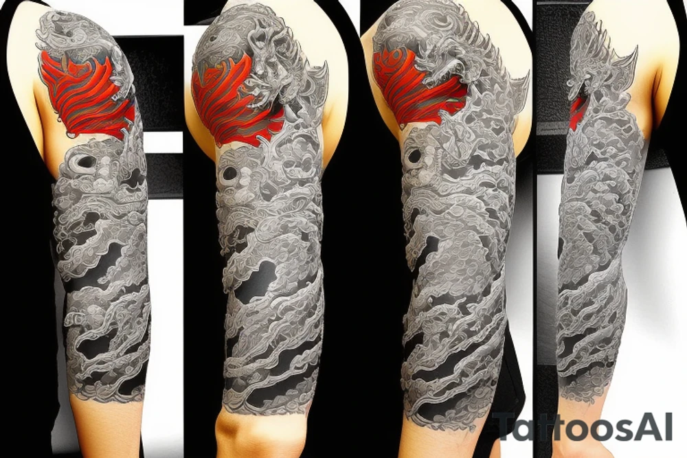 shin sleeve hanya mask, dragon, japanese tower tattoo idea