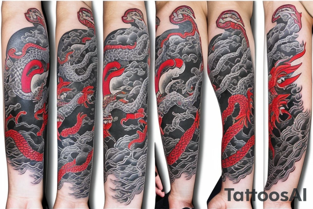 shin sleeve hanya mask, dragon, japanese tower tattoo idea
