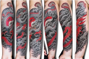 shin sleeve hanya mask, dragon, japanese tower tattoo idea
