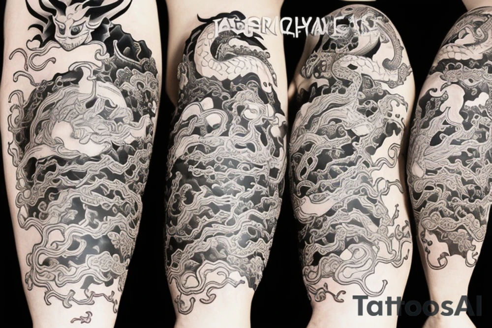 Leg hanya mask, dragon, japanese tower tattoo idea