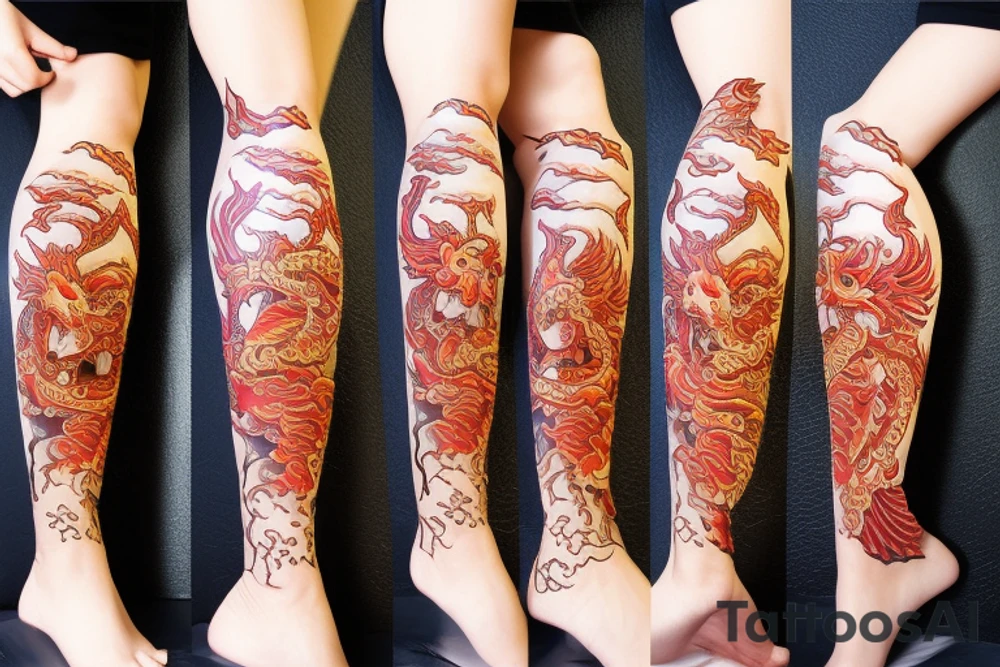 Leg hanya mask, dragon, japanese tower tattoo idea