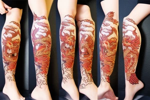 Leg hanya mask, dragon, japanese tower tattoo idea