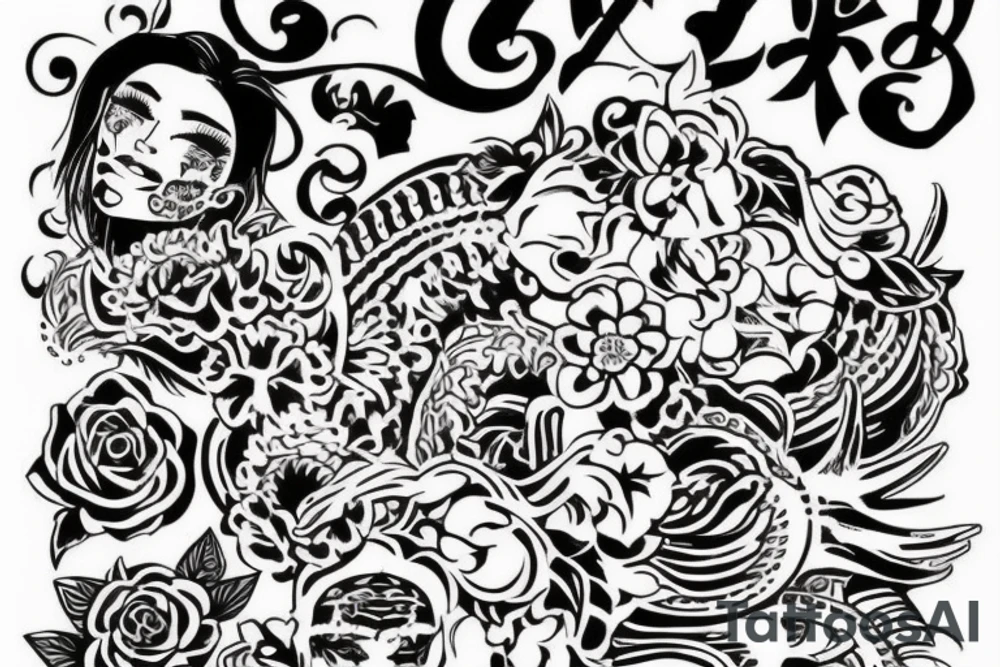 Самурай, дівчина, квіти, дрякон, маска tattoo idea