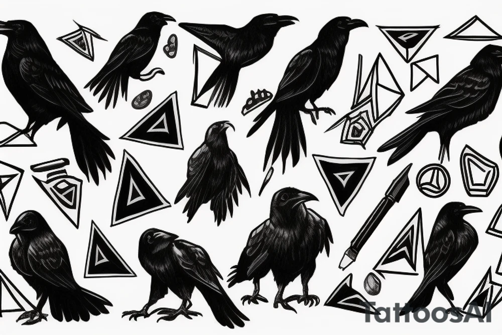 one raven looks to the left, the second raven looks to the right, there is a triangle in the middle tattoo idea
