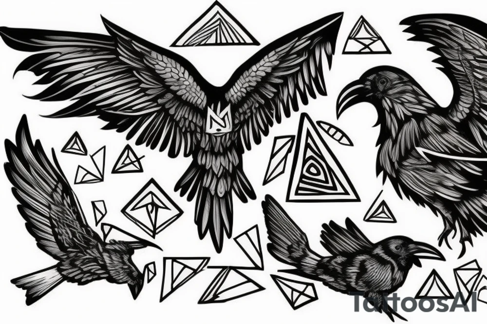 one raven looks to the left, the second raven looks to the right, there is a triangle in the middle tattoo idea