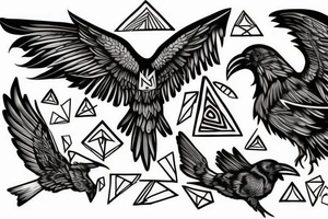 one raven looks to the left, the second raven looks to the right, there is a triangle in the middle tattoo idea
