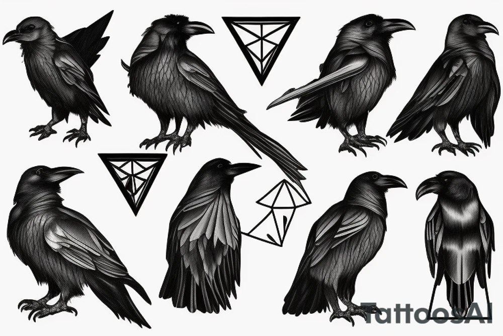one raven looks to the left, the second raven looks to the right, there is a triangle in the middle tattoo idea