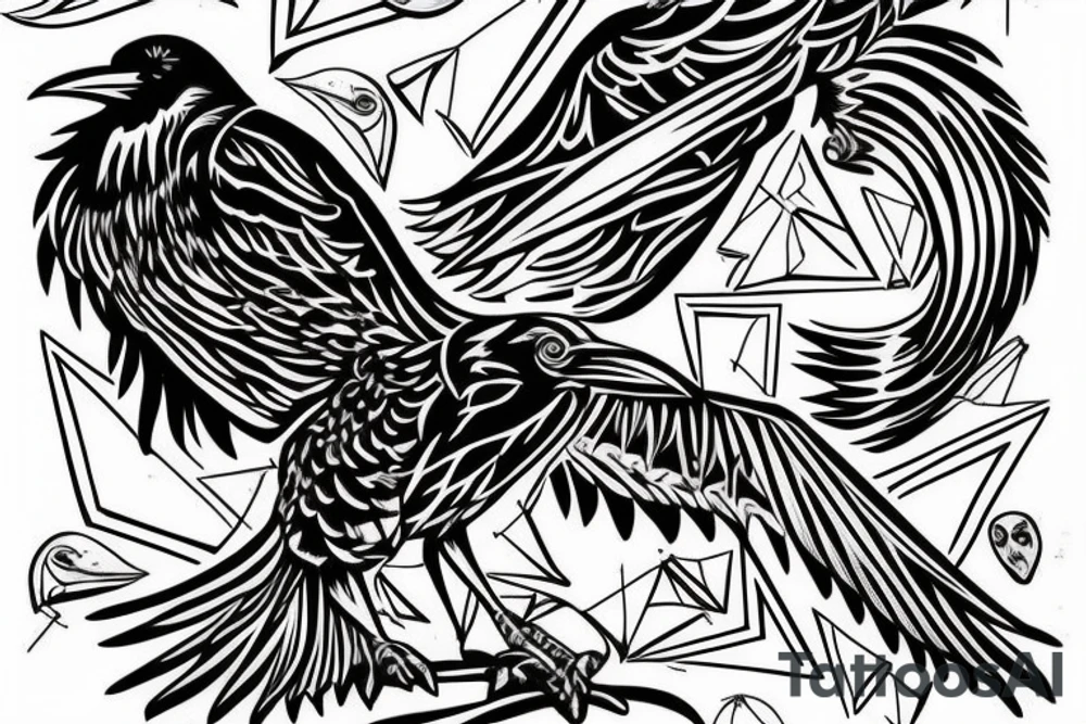 one raven looks to the left, the second raven looks to the right, there is a triangle in the middle tattoo idea