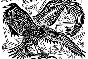 one raven looks to the left, the second raven looks to the right, there is a triangle in the middle tattoo idea