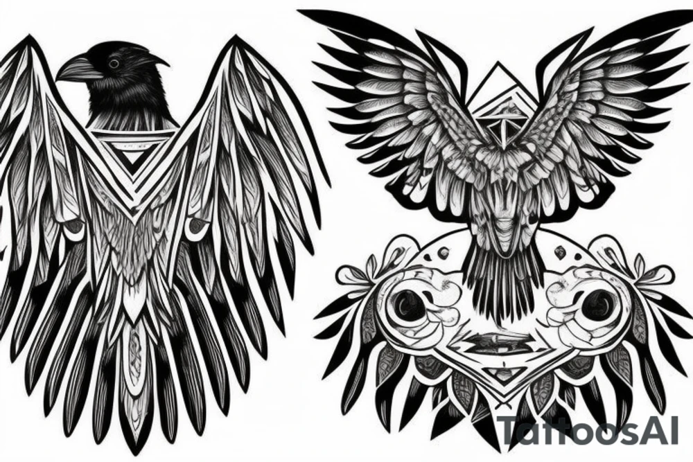 one raven looks to the left, the second raven looks to the right, there is a triangle in the middle tattoo idea