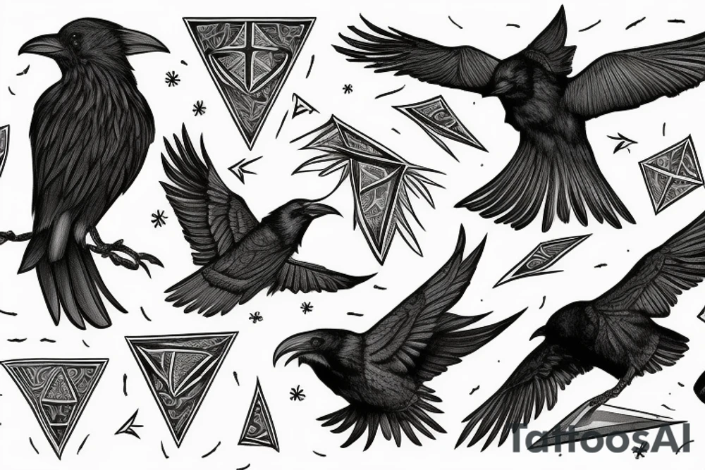 one raven looks to the left, the second raven looks to the right, there is a triangle in the middle tattoo idea