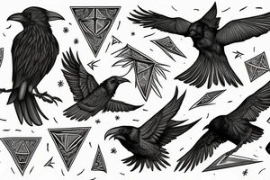 one raven looks to the left, the second raven looks to the right, there is a triangle in the middle tattoo idea