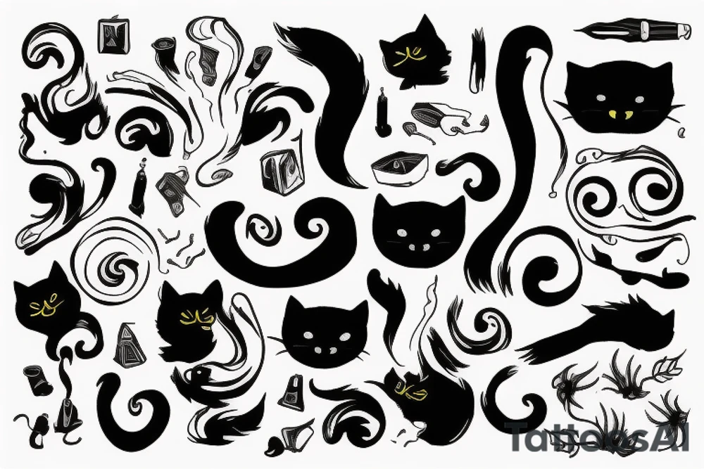 smoke in the form of lines and a black cat tattoo idea