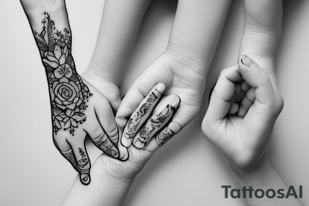 sketch of a tattoo, a small baby’s hand holds mom's finger tattoo idea