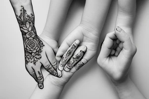 sketch of a tattoo, a small baby’s  hand holds mom's finger tattoo idea