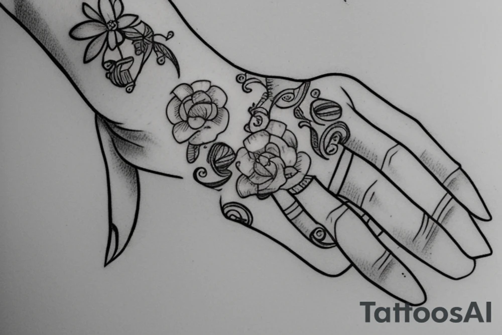 sketch of a tattoo, a small baby’s  hand holds mom's finger tattoo idea