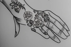 sketch of a tattoo, a small baby’s  hand holds mom's finger tattoo idea