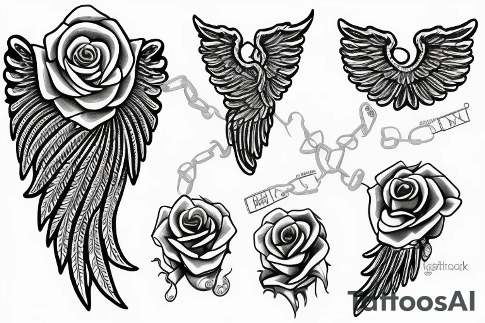 Angel wings chain rose tattoo idea
