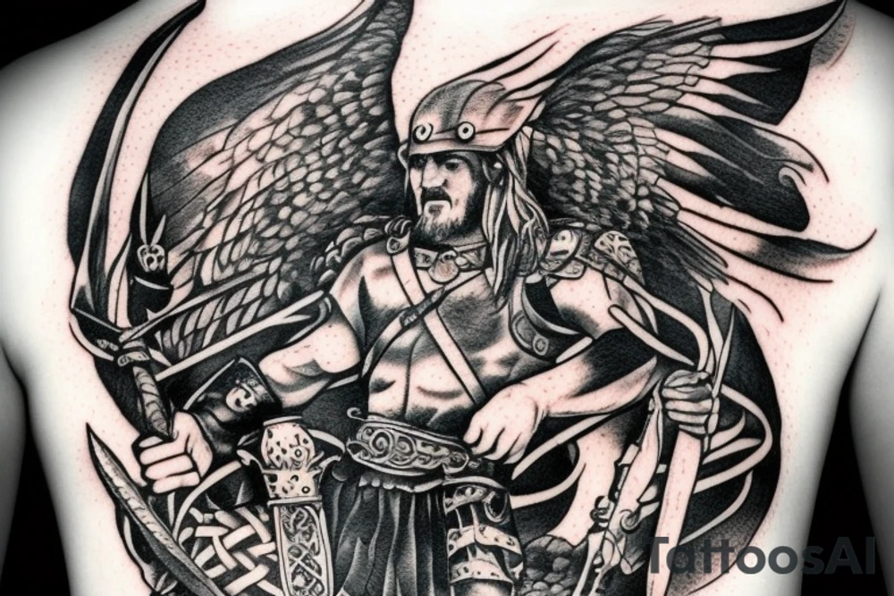 A viking warrior with a falcon flying above. tattoo idea