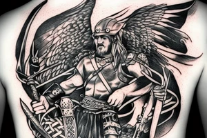 A viking warrior with a falcon flying above. tattoo idea
