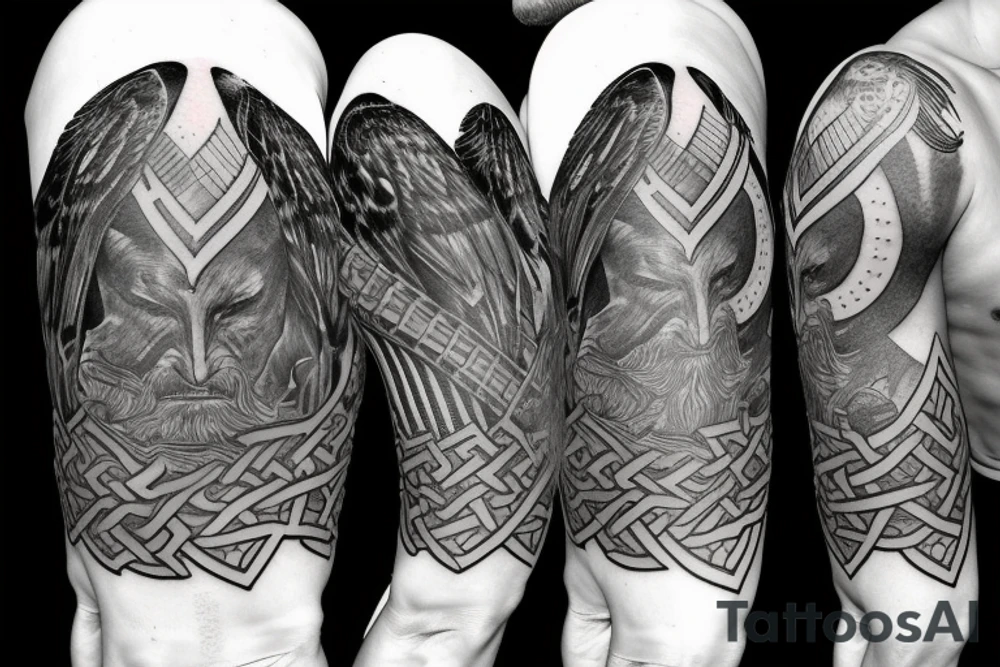 A viking warrior with a falcon flying above. tattoo idea