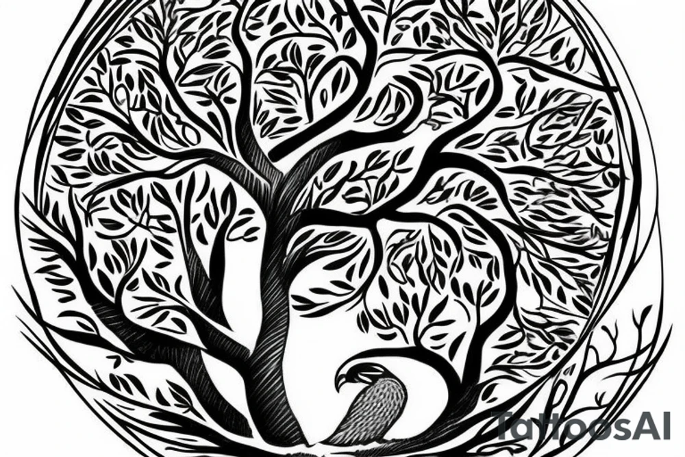 The nordic tree of life with a falcon. tattoo idea